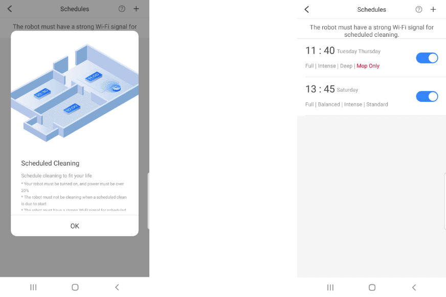 Setting the cleaning schedule in a robot vacuum cleaner mobile app.